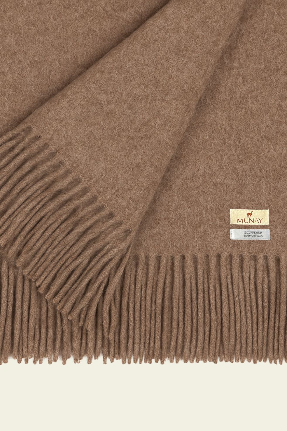 Luxury baby alpaca blanket Kusik in colour taupe, made in Peru by Munay