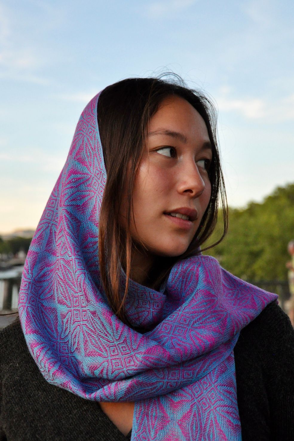 Luxury silk and baby alpaca scarf Tikay in fuchsia, made in Peru by Munay.