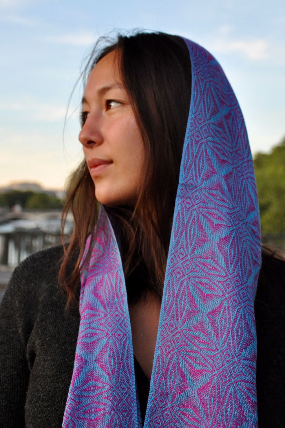 Luxury silk and baby alpaca scarf Tikay in fuchsia, made in Peru by Munay.