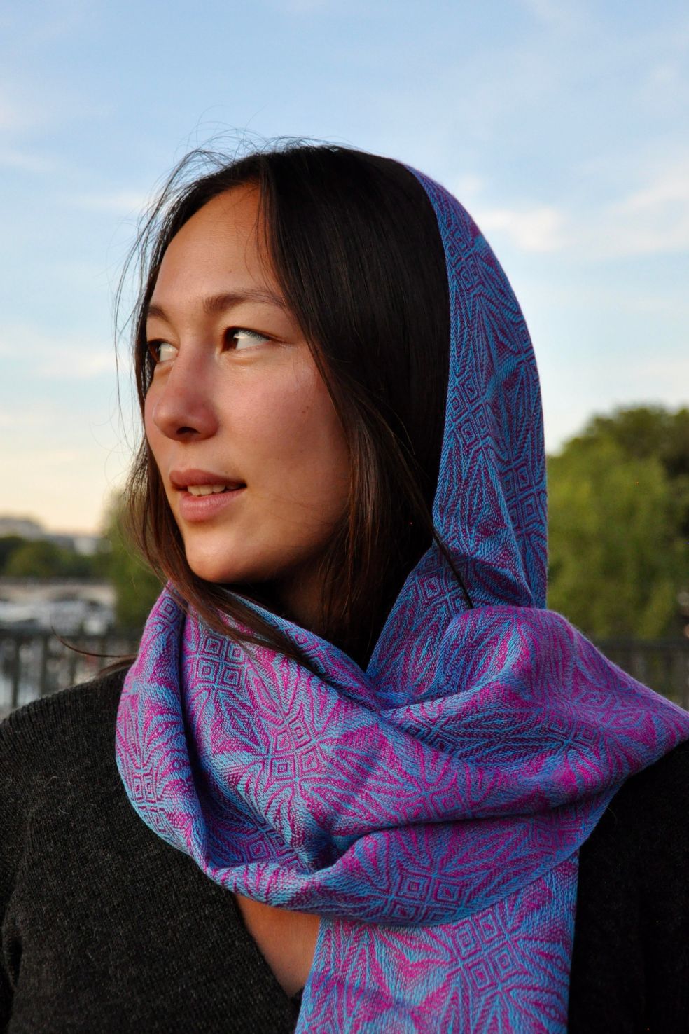Luxury silk and baby alpaca scarf Tikay in fuchsia, made in Peru by Munay.